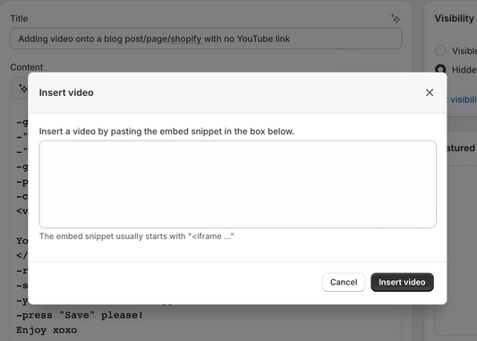 Adding video onto a blog post/page/shopify with no YouTube link